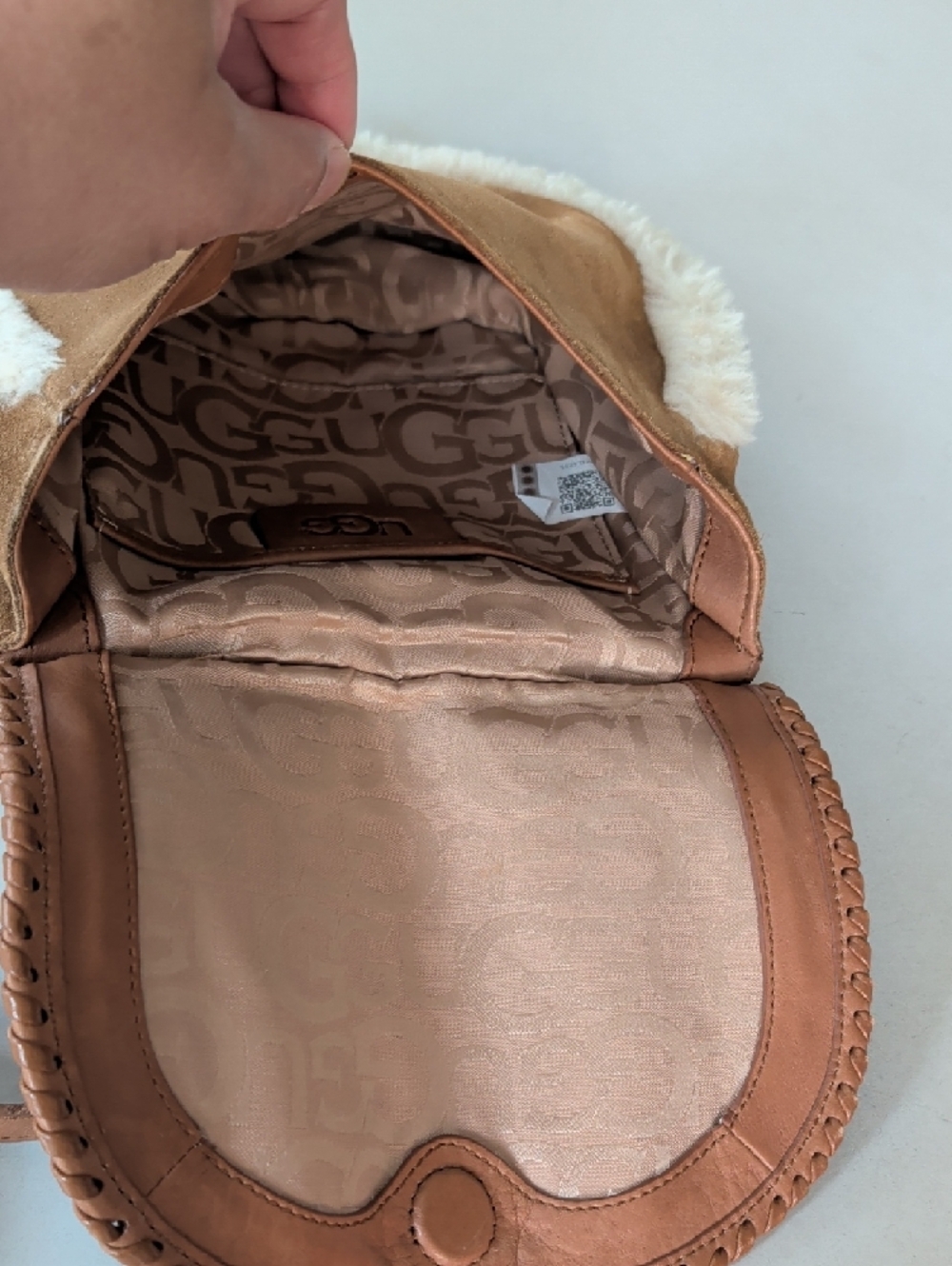 UGG Tan Suede Crossbody with Floral Embroidery Wool Trim Roomy Chic Lightweight - Picture 5 of 13